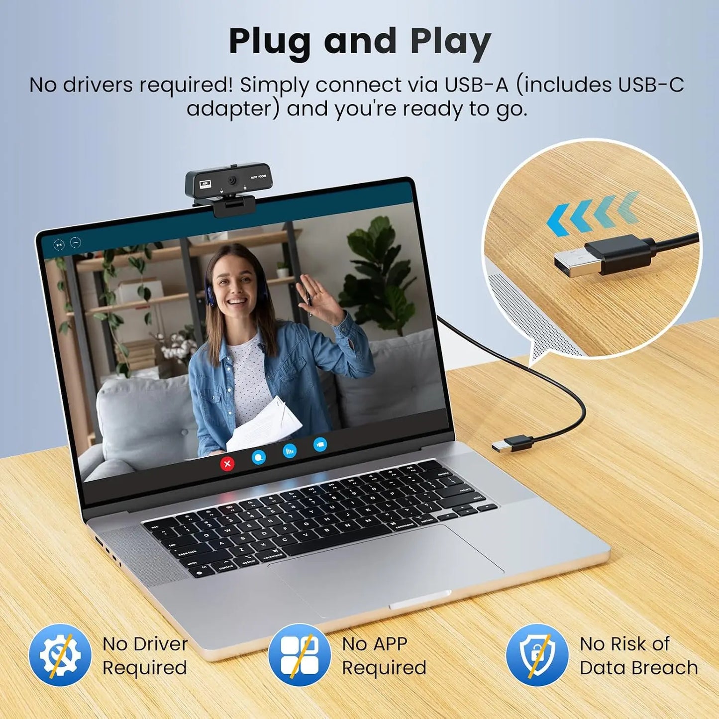 4K Webcam for PC Streaming, HD External USB Camera with Microphone, 90° Wide Angle, Plug and Play for Desktop, Laptop, Monitor, PS5, Zoom, Skype