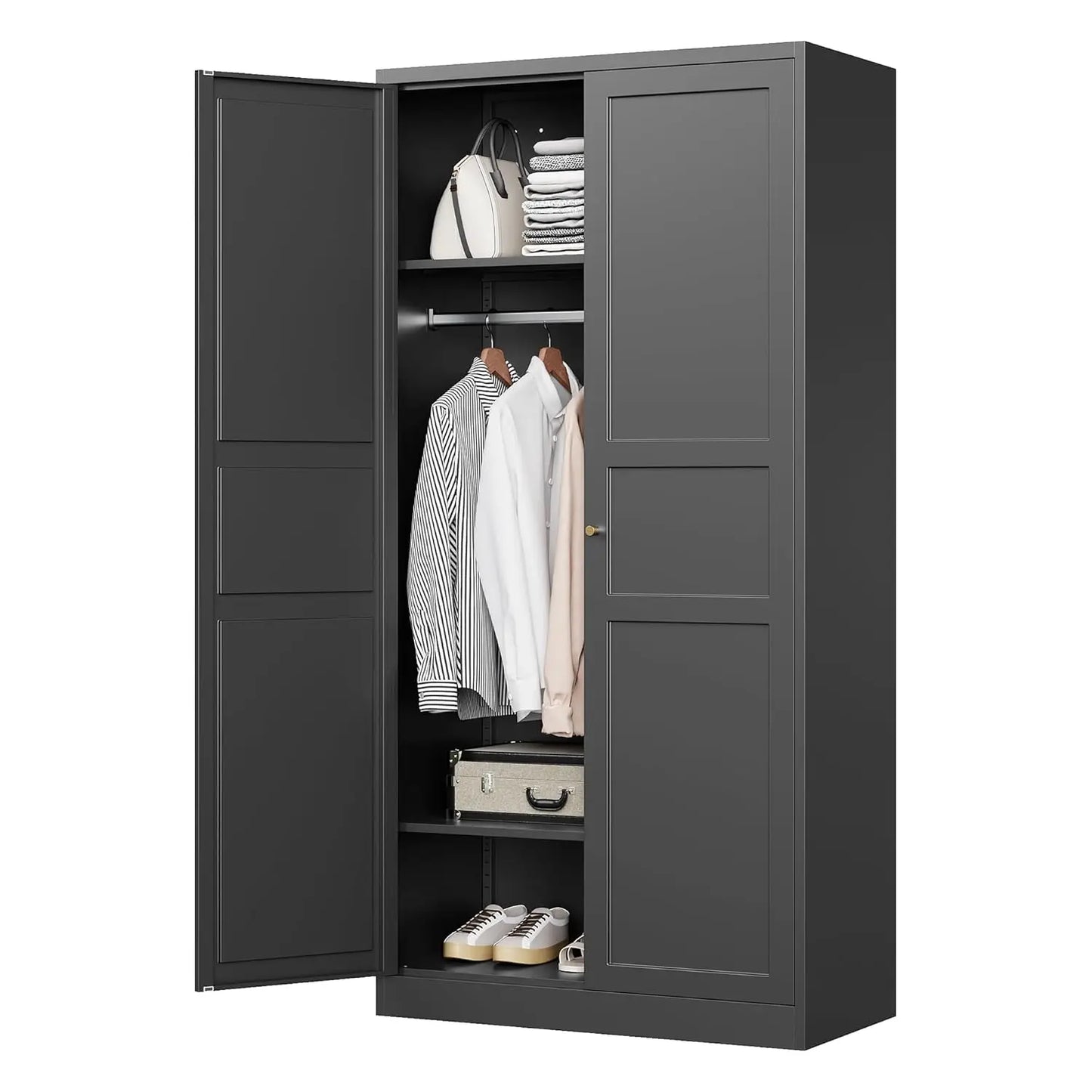 Wardrobe Closet with 2 Doors, 72" Metal Clothing Storage Cabinets with Hanging Rod, Bedroom Armoires Laundry Room, Customized