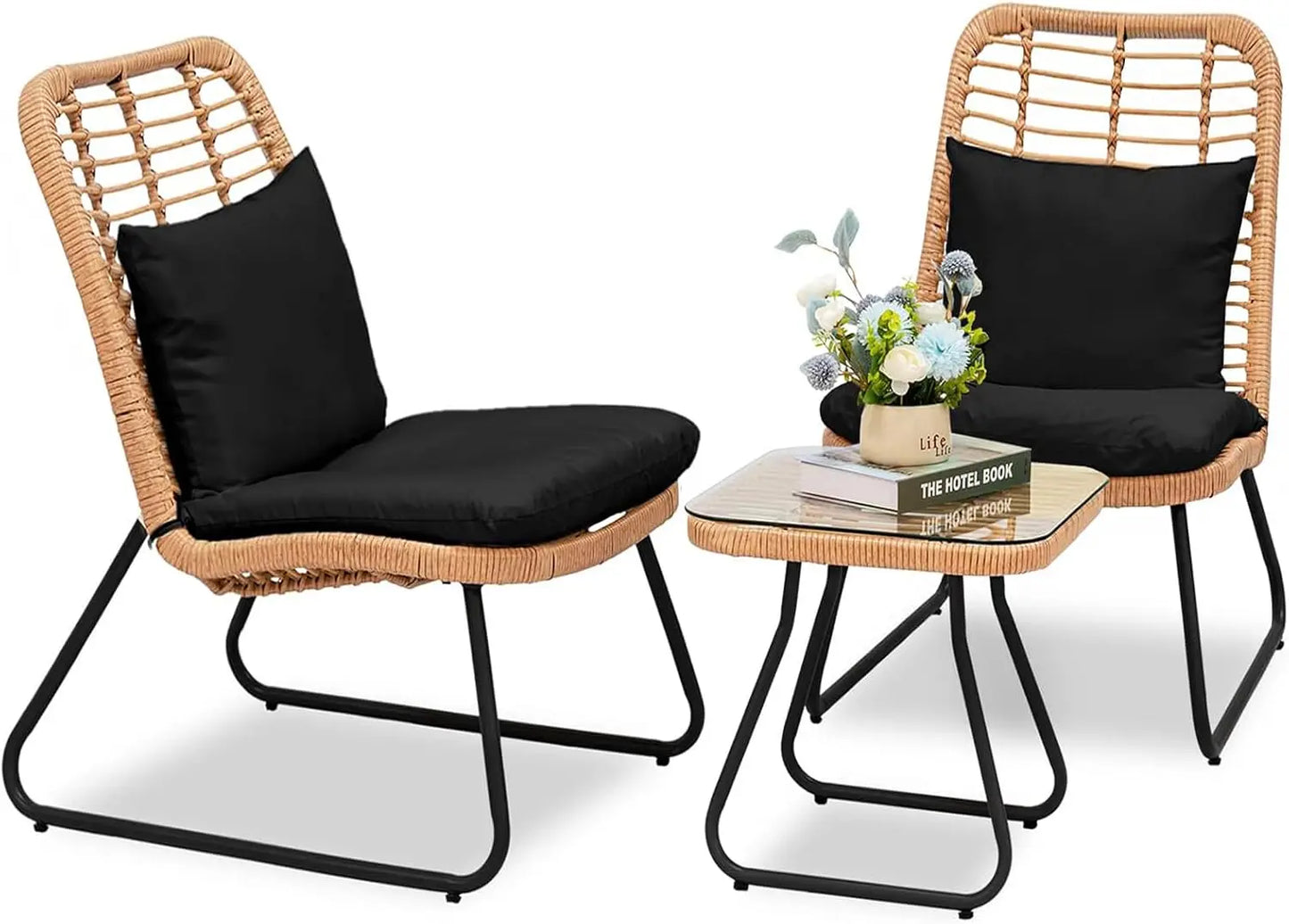 3 Piece Outdoor Wicker Bistro Set, Patio Conversation Sets w/2 Large Rattan Chairs and Tempered Glass Table, Patio Furniture