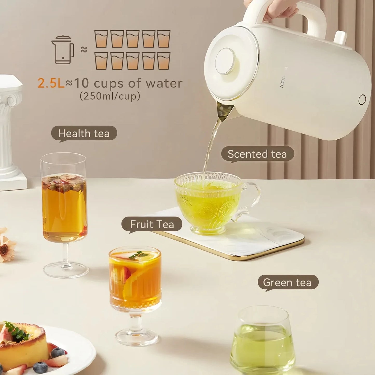 KONKA KDSH-2513 2.5L Electric Kettle 1800W Fast Boiling Water Heater Food-Grade 304 Inner Pot  Auto Shut-Off &Dry Burn Protectio