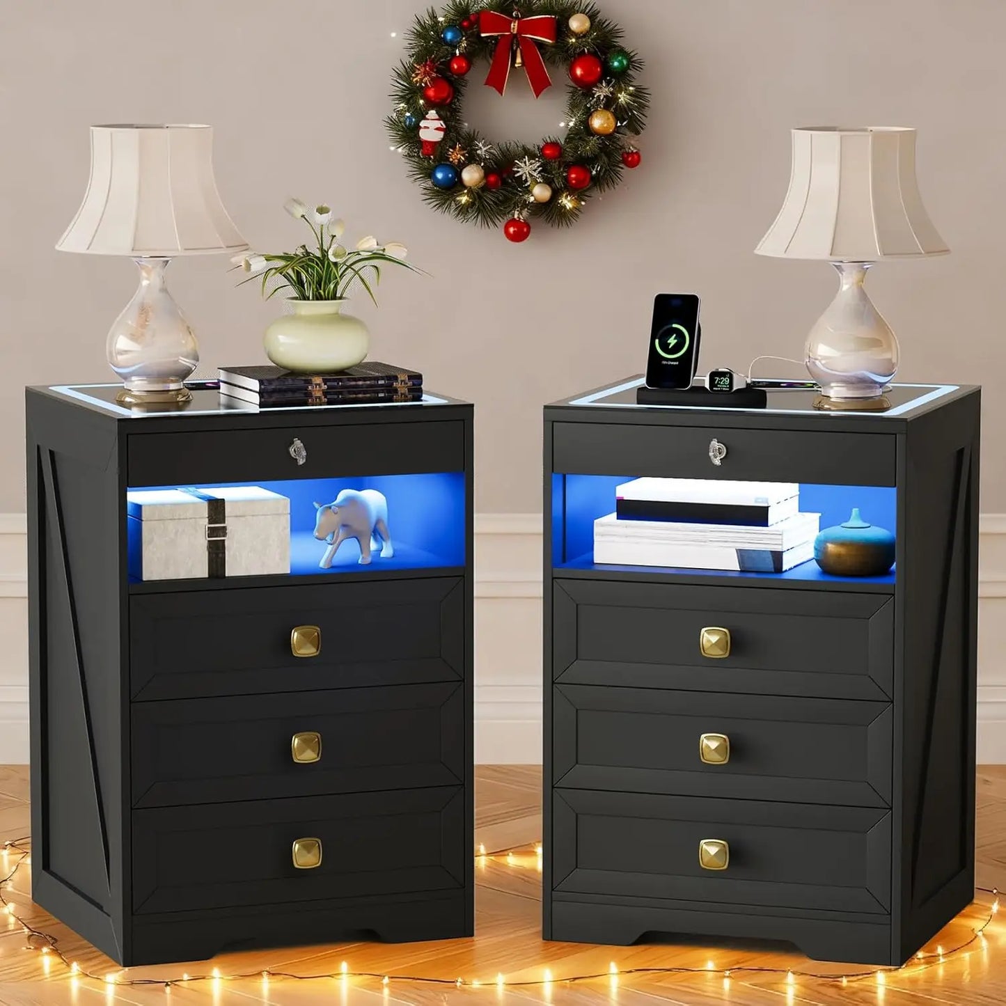 Smart Night Stand with Gun Drawer,Glass Top Nightstand with Charging Sation,LED Bedside Table with 3 Color, Customized