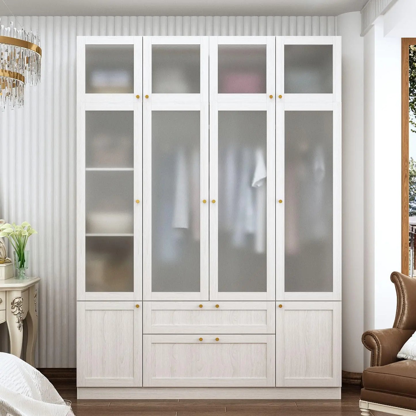 Wide Modern Bedroom Armoires with Frosted Glass Doors and Hanging Rod, Tall Wardrobe with Drawers, Large Armoire, Custom