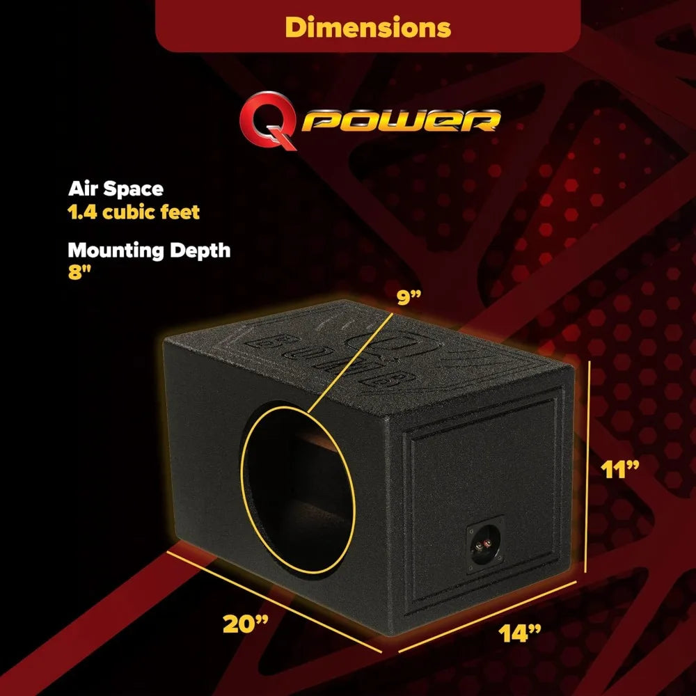 QPower QBOMB, Single 10" Tough Vented Shallow Ported Car Audio Subwoofer Box Enclosure with 1.4 Cubic Feet of Air Space, Black