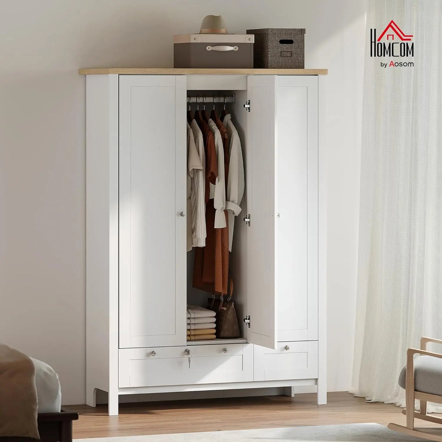 3 Door Armoire Wardrobe Closet with 2 Drawers, 69" Clothing Storage Cabinet with Lockable Large Drawer, Hanging Rod, Customized