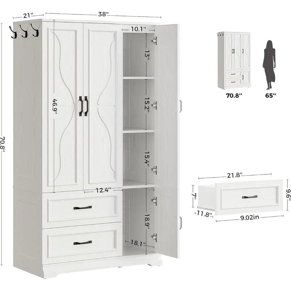 Armoire Wardrobe Closet with 4 Doand Ders, White | Wardrobe Cabinet with Storage Shelves and Side Hooks, Clothing Storage Cabine