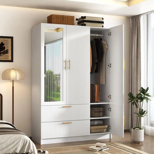 Fluted Style 3 Doors Wardrobe Closet Armoire with Mirrors and LED Lights, 70.3 H Modern Wooden Bedroom Armoires with 2 Drawers,