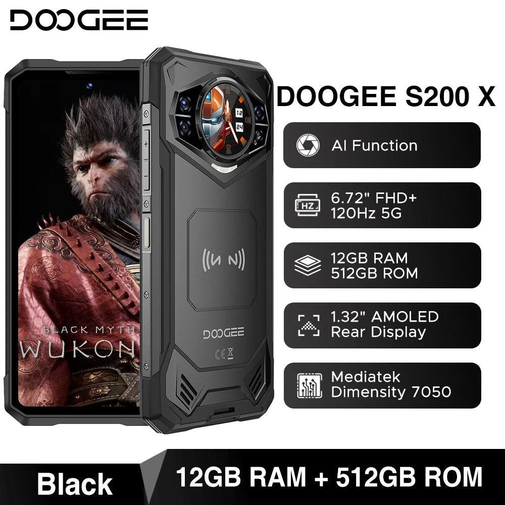 Global Version DOOGEE S200 X 5G Rugged Phone 6.72" Dimensity 7050 12GB+512GB AI Triple camera 10100mAh Battery NFC Smartphone
