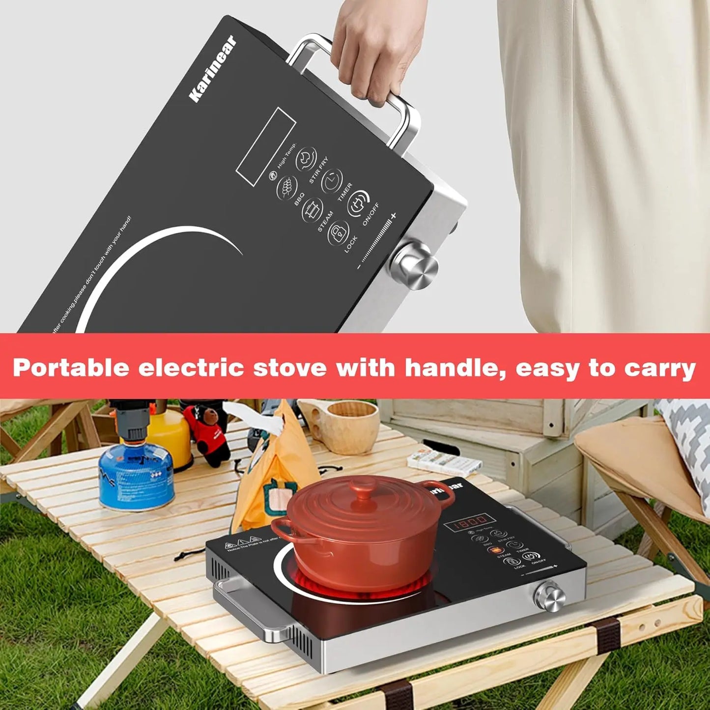 Karinear Ceramic hob 1 Zone Portable with Gummifüße, 650°C Max, 36CM, 220-240V Plug, Anti-scald Handle,2000W, Timer, Safety Lock