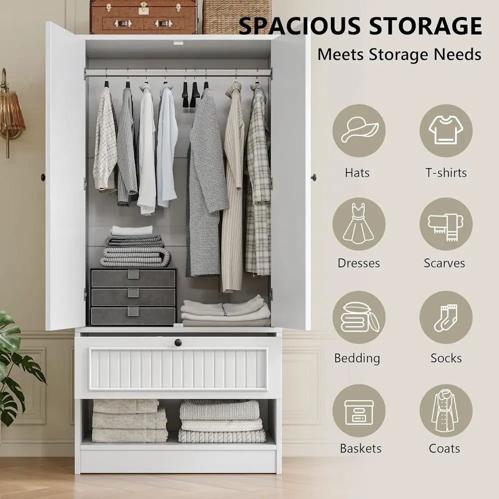70-Inch Wooden Armoire with Mirror, 3-Side Hooks, Large Freestanding Bedroom Wardrobe in White