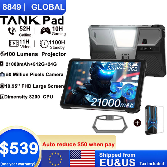 8849 TANK PAD 5G Android14 Unihertz Rugged Projector Tablet 21000mAh 512GB 120Hz 24G Smart Pad 50MP 10.95 inch Phone Tablet 2025