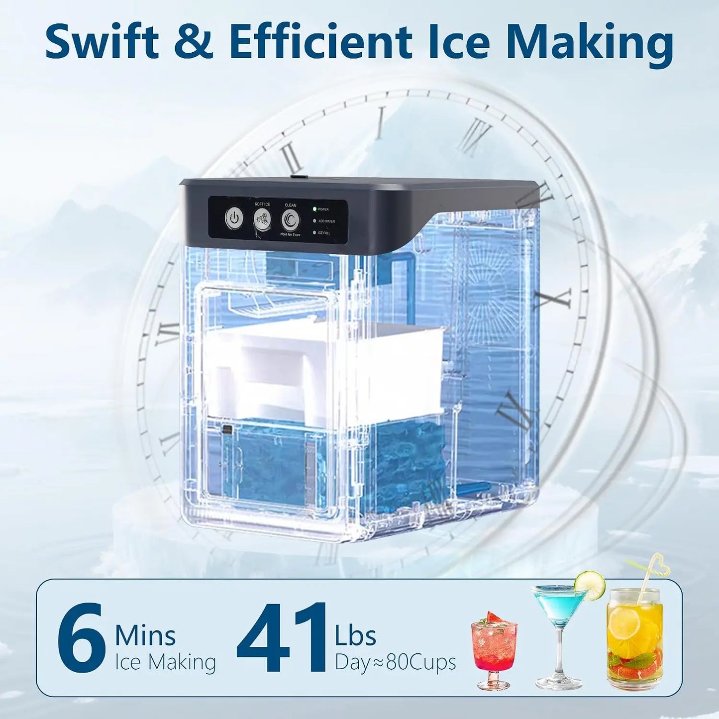 1. **Countertop Ice Maker 41 Lbs/24h, Chewable Nugget Ice Machine with Side Water Tank, Ready in 6 Mins, Customized**
