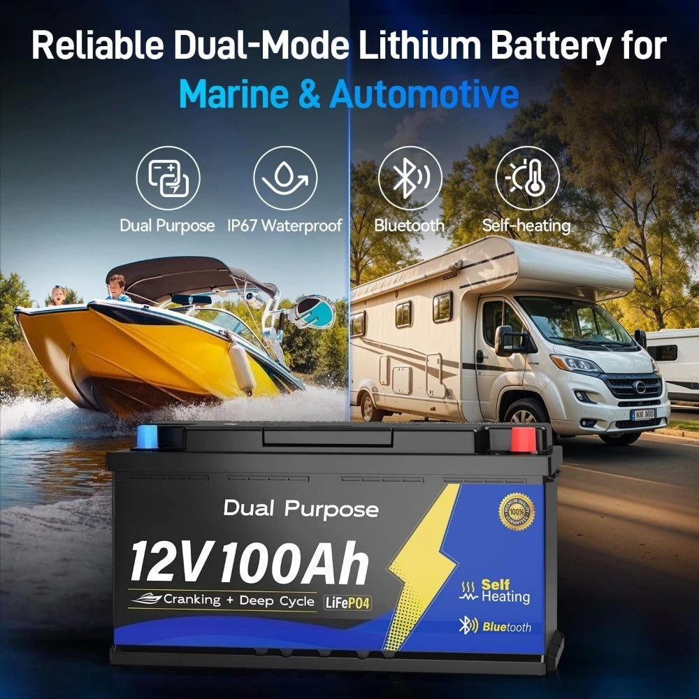 12V 100Ah Marine Starting LiFePO4 Battery Bluetooth, [Cranking &Deep Cycle] Lithium Battery with Self-Heating, Built-in 200A BMS