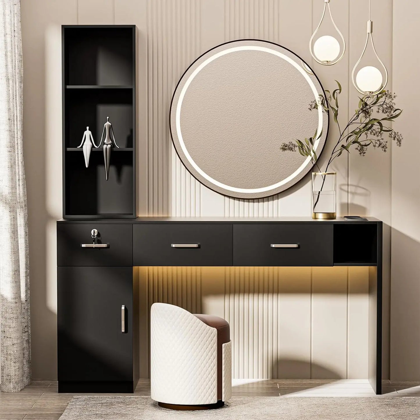 Barber Salon Station for Hair Stylist, Salon Wall Mount Station with Barber Cabinet and Barber Desk, Hair Salon Stations