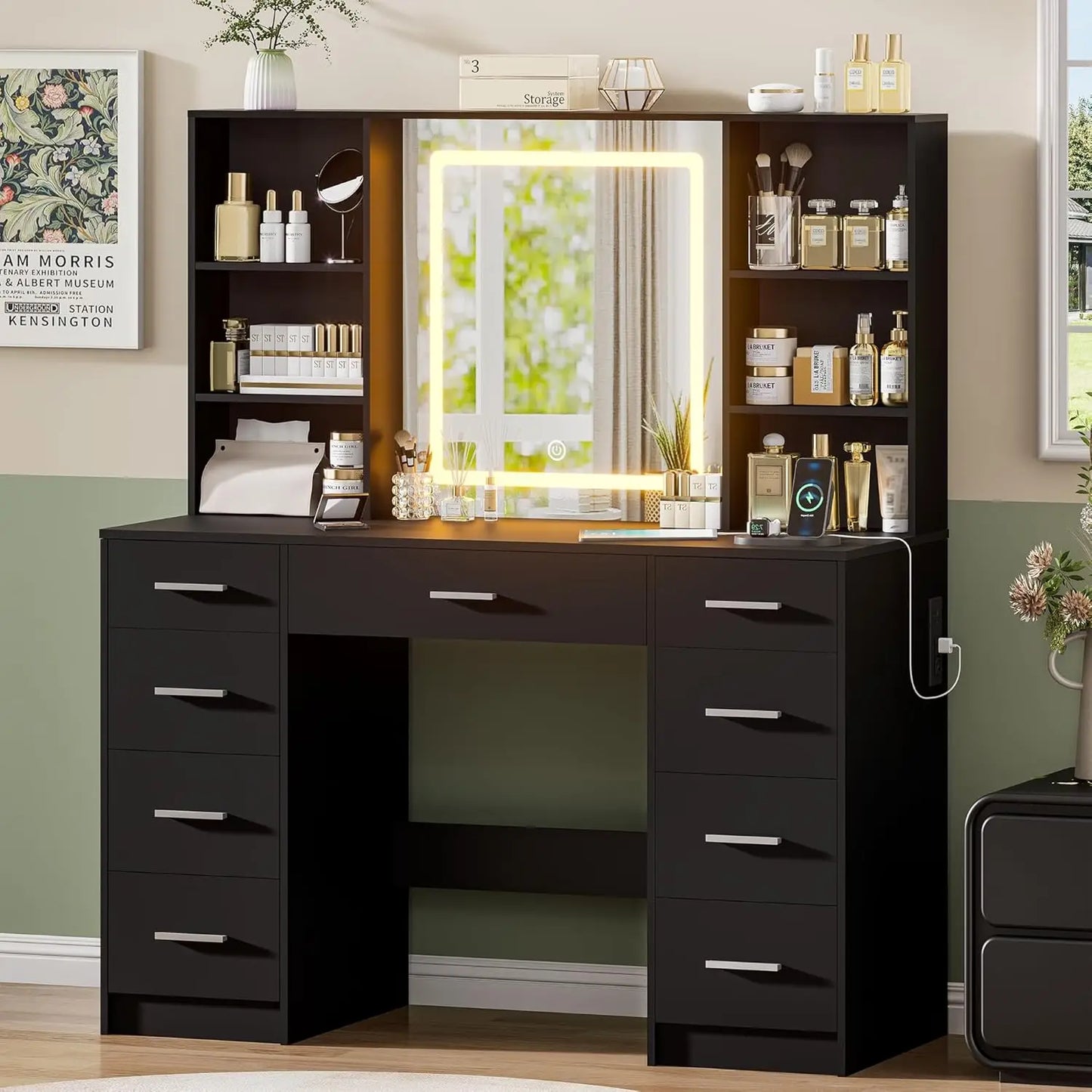 Vanity Desk with Large Mirror, Lights & Power Outlet, Black Makeup Vanity with 9 Drawers & Shelf Storage, Customized