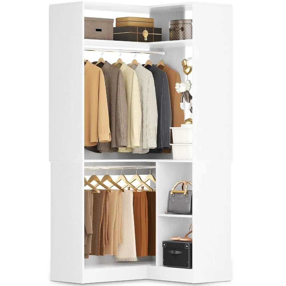 L Shaped Corner Closet Organizer System Garment Rack with Shelves & Hanging Rod