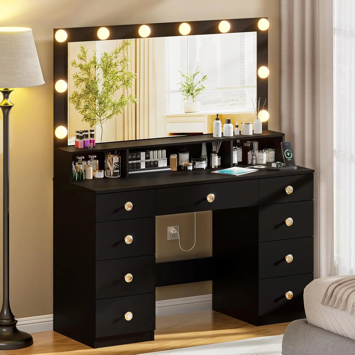 Vanity Desk with Large Mirror, Lights & Power Outlet, Black Makeup Vanity with 9 Drawers & Shelf Storage, Customized