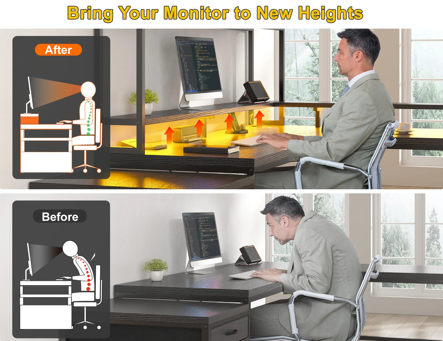EnHomee  L Shaped Computer Desk with Power Outlet & Monitor Stand & LED Gaming Desk with Hutch Drawers for Living, Gaming Room