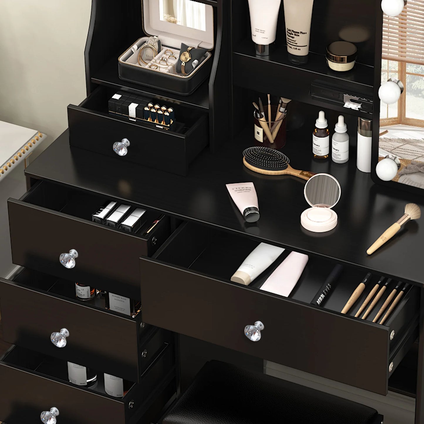 Teousev Black Modern Vanity Set with LED Sliding Mirror 6 Drawers & Stool 3 Color Dimmable Easy Assembly Bedroom Makeup Desk