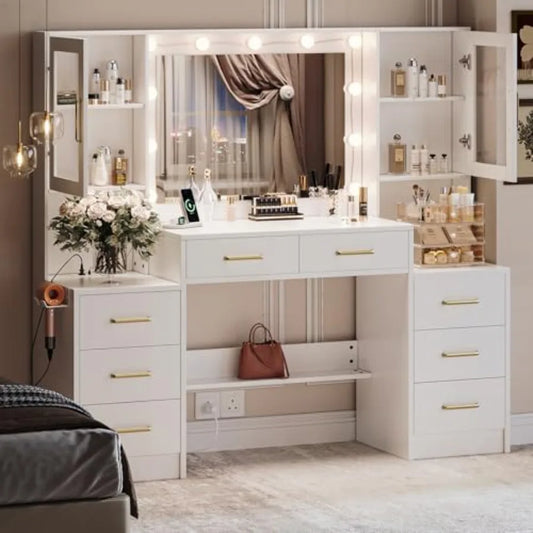 White 58 Makeup Vanity Desk with Lighted Mirror 3 Lighting Modes Charging Station 8 Drawers 2 Cabinets Ample Storage Modern Dre