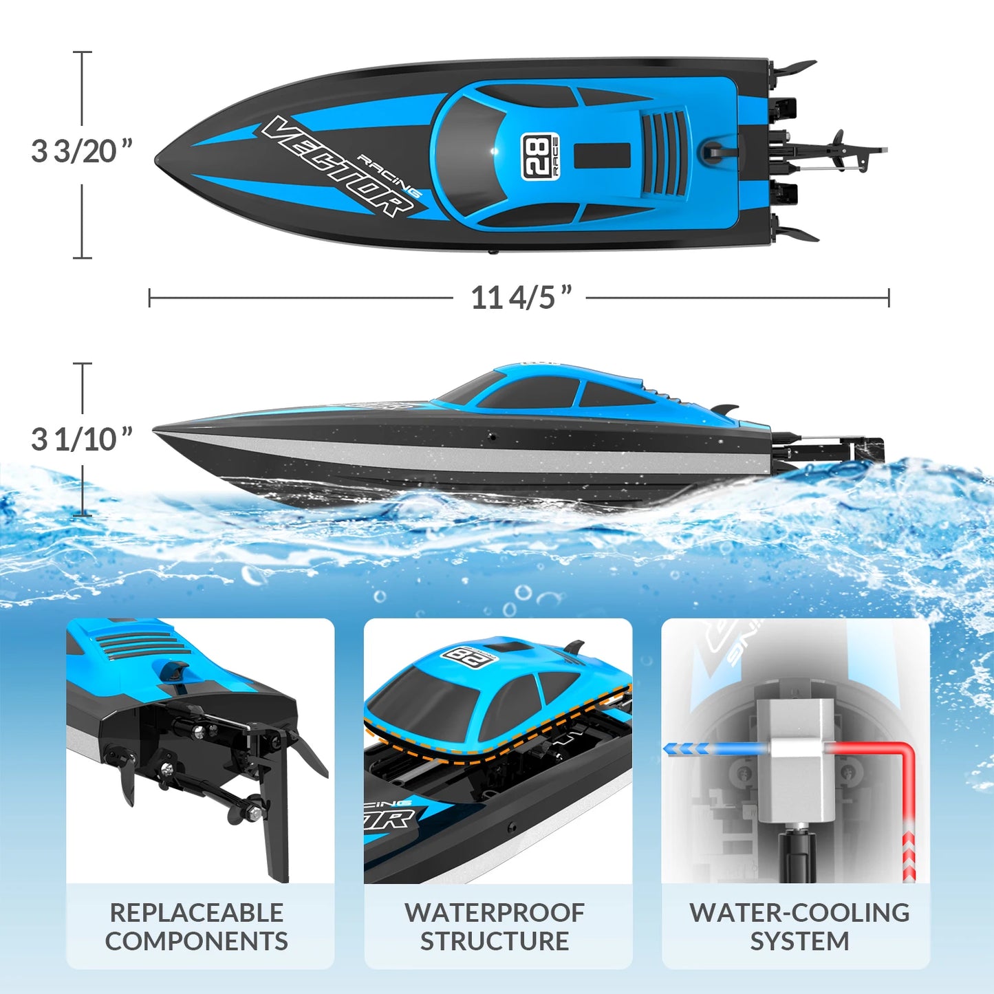 VOLANTEXRC RC Boat 20MPH Fast Remote Control Boat with Lights 2.4Ghz Toy Boat for Pools and Lakes with 2 Rechargeable Batteries