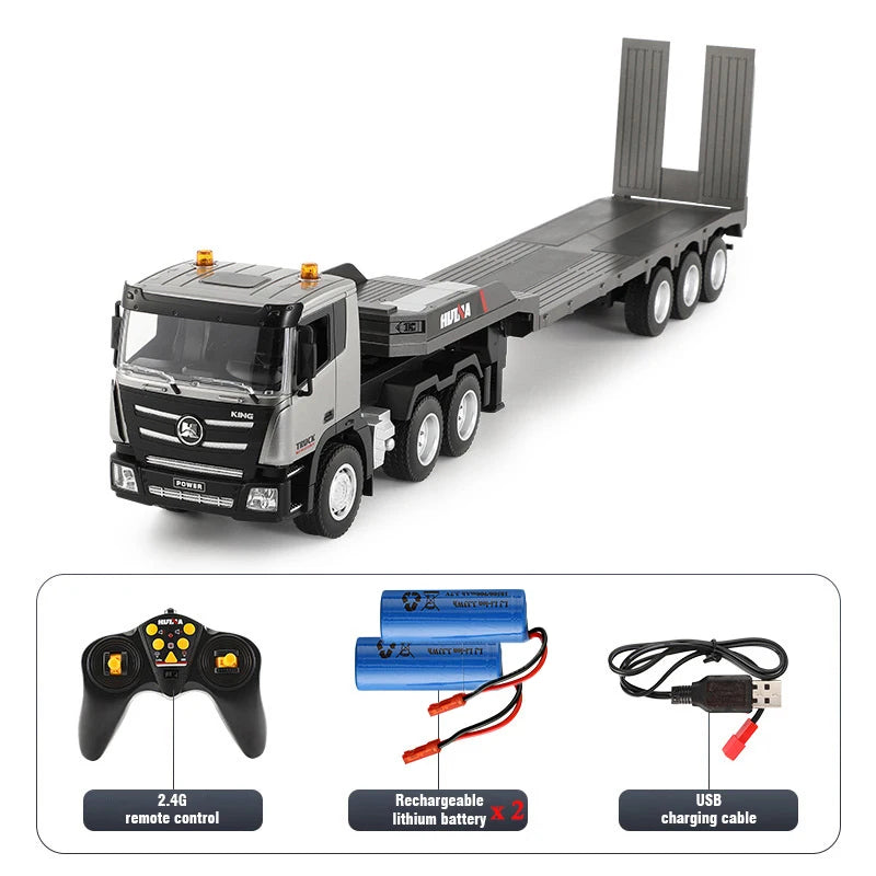 HUINA 1:24 Alloy Remote Control Semi-Hung Flat Truck with Lights 2.4G RC Engineering Trucks Model Boy Trailer Car Toys for Kids