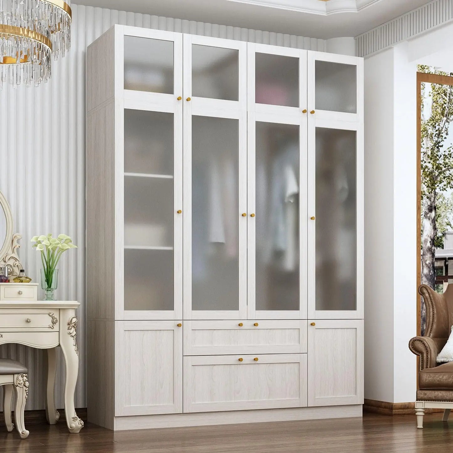 Wide Modern Bedroom Armoires with Frosted Glass Doors and Hanging Rod, Tall Wardrobe with Drawers, Large Armoire, Custom