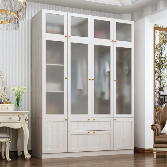 Wide Modern Bedroom Armoires with Frosted Glass Doors and Hanging Rod, Tall Wardrobe with Drawers, Large Armoire, Custom