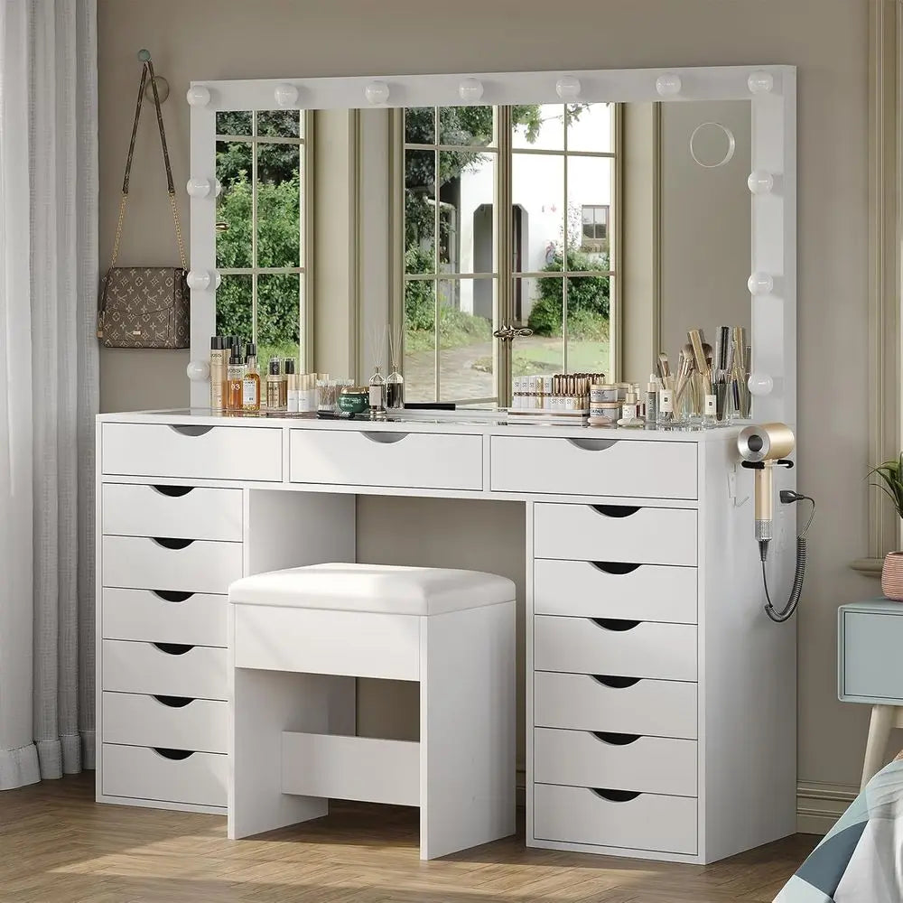 White Makeup Vanity Desk with Mirror, Lights, and Charging Station, 15 Drawers, Bedroom Vanity Set with Chair