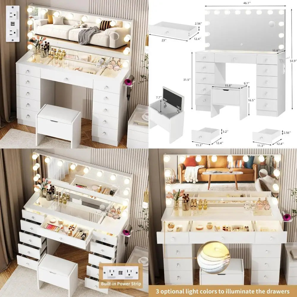 illuminated glass vanity desk with 11 drawers and 3 adjustable light modes