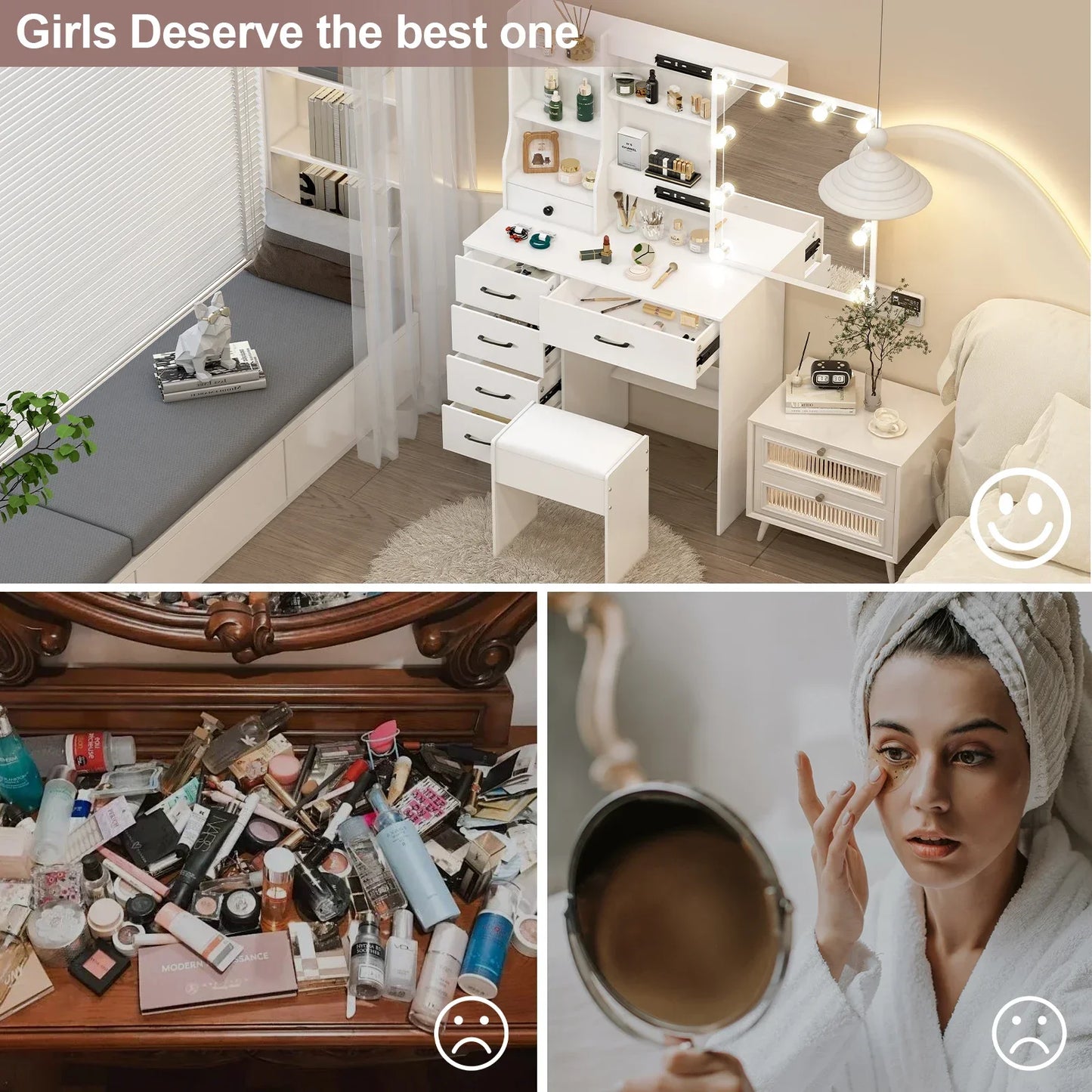 White Vanity Dressing Table Set with Sliding Mirror 6 Drawers LED Lights 3 Color Dimmable Stool Storage Makeup Desk for Bedroom