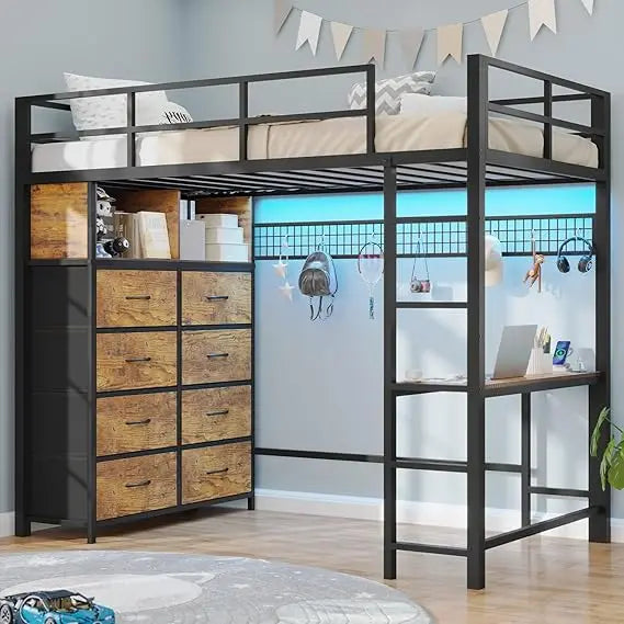 Twin Loft Bed with Desk & 8 Drawers Tall Dresser, Metal Loft Bed with LED Lights & Charging Station, 2-Tier Storage Shelves, Sta