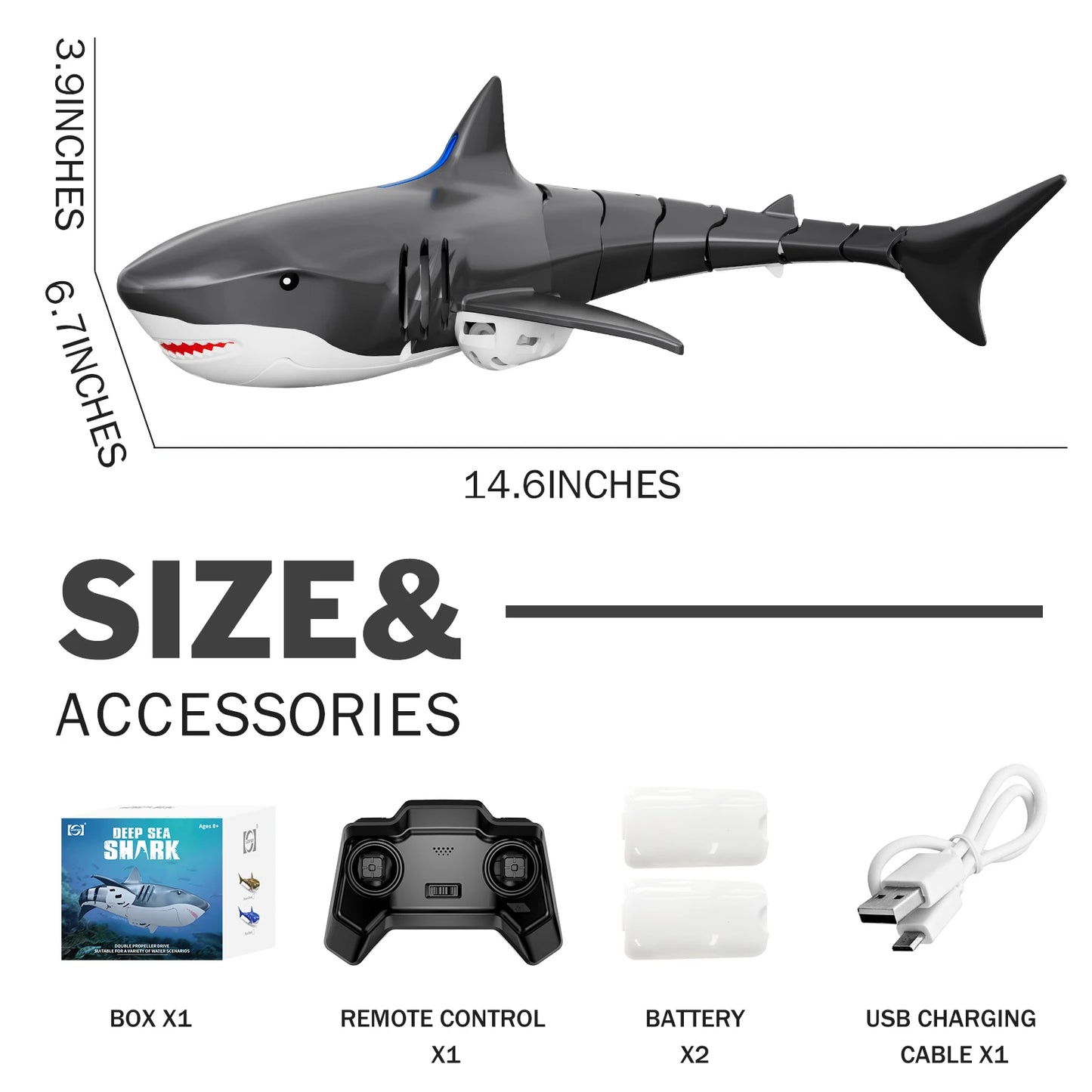 Remote Control Shark Pool Toys for Kids Age 8-12,2.4Ghz Waterproof RC Boat,Toy Shark with Light for 60 Mins Play,Toy Accessories