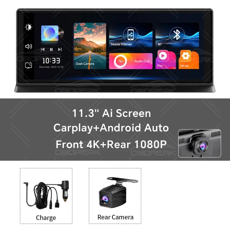 11.3 inch Car DVR 4K Dash Cam Dual Lens Wireless Carplay & Android Auto Video Recorder Monitor GPS Navigation 5G Wifi FM AUX