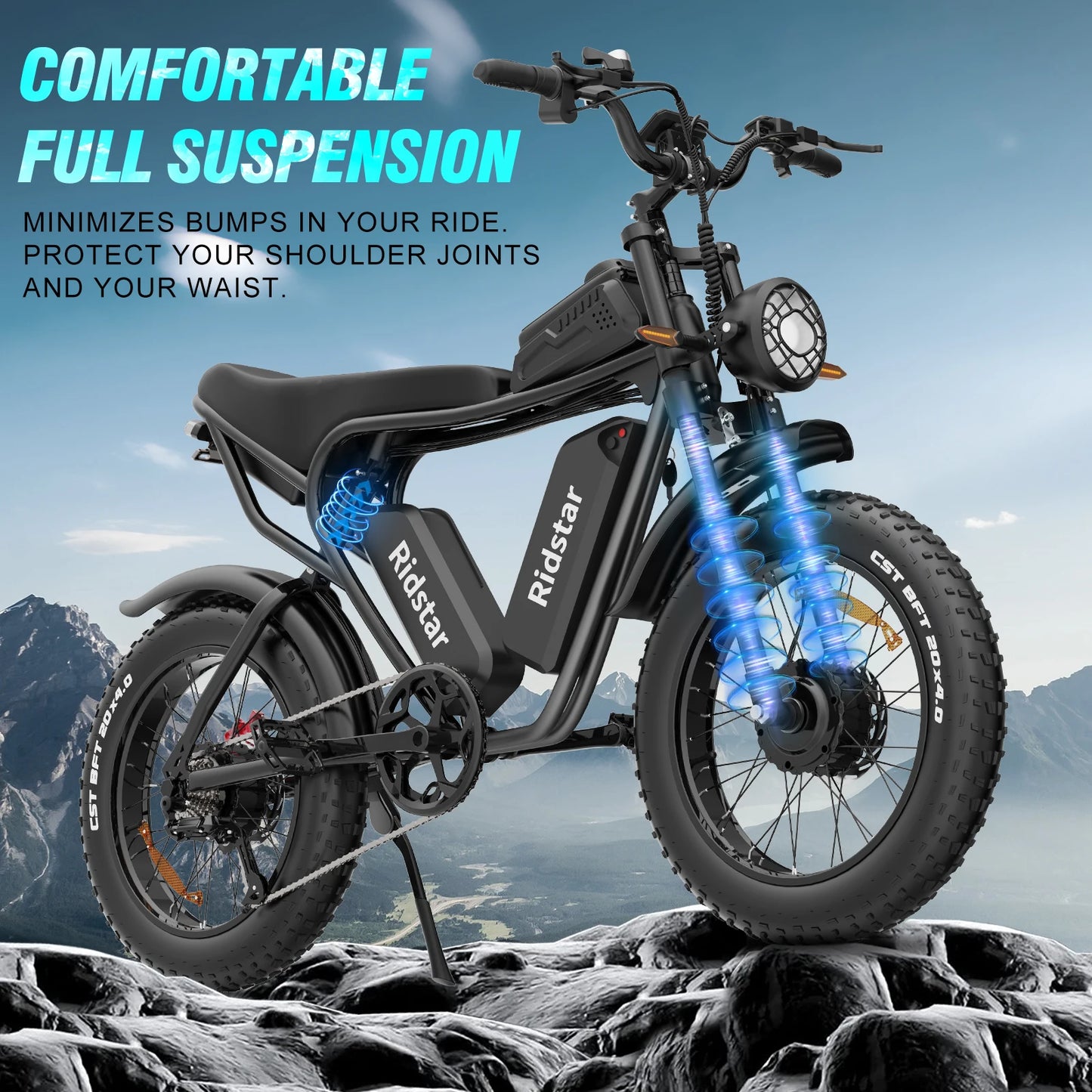 Ridstar Electric Bike for Adults 1500/3000W 48/52V 20/40Ah Lithium Battery 20" Fat Tire Mountain E-bike Electric Dirt Bike