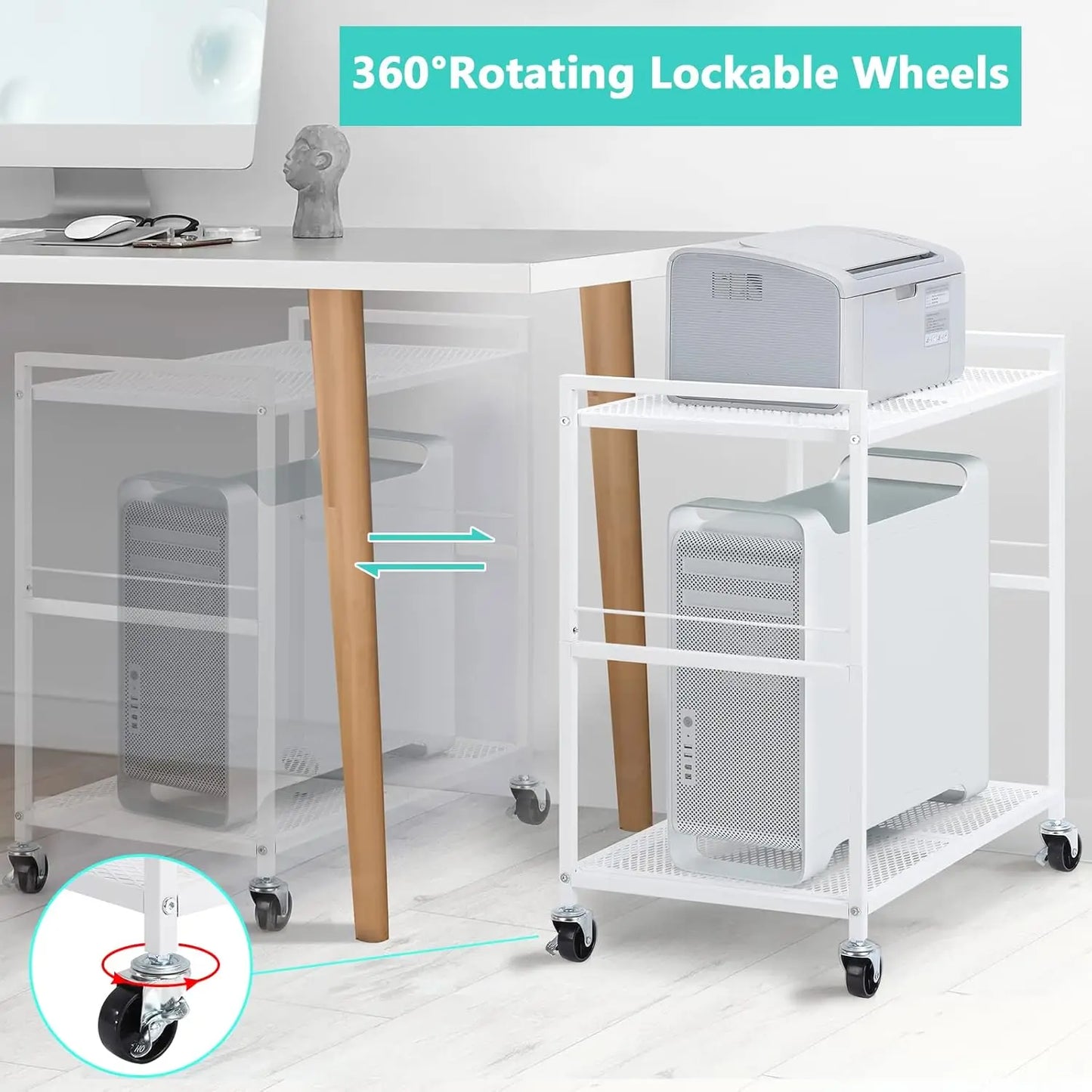 Computer Tower Stand White PC Tower Stand 2 Tier CPU Holder with Wheels Metal Mobile Computer Tower Cart Rolling PC Cart Floor