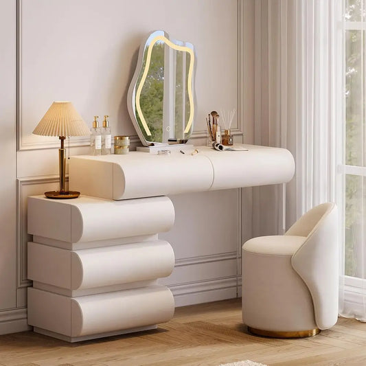 Makeup Vanity Set with LED Mirror and Stool, Elegant PU Leather Table for Bedroom, Perfect for Women and Girls (White)
