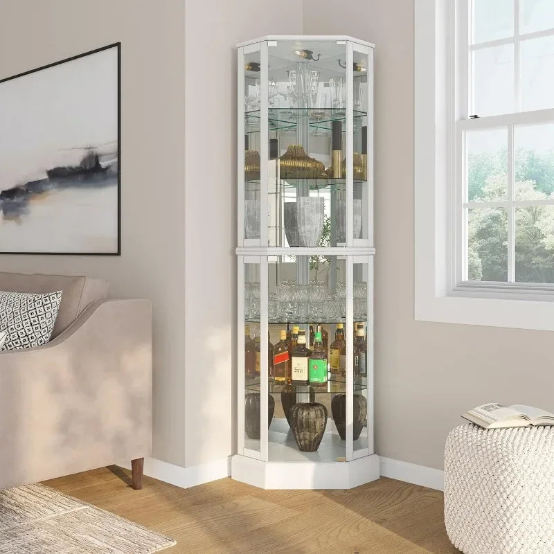 For girls Lighted 3-Side Glass Display Curio Cabinet with Tempered Glass Doors and Shelves,  Corner Storage Rack - White