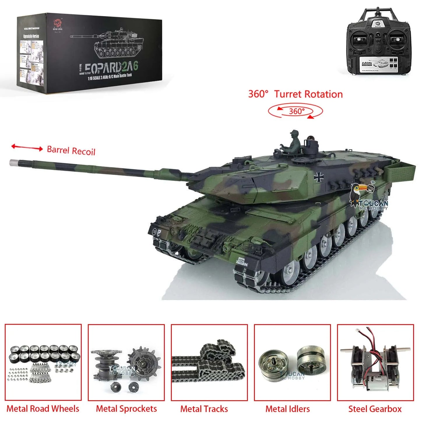 1/16 Henglong Leopard 2A6 7.0 RC Tank 3889 Barrel Recoil Metal Tracks with Rubbers Remote Control Military Vehicle Model