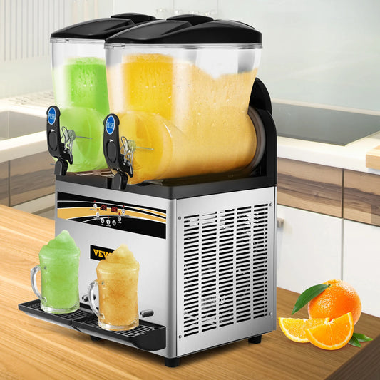 SucceBuy 2x15L Commercial Slushy Machine Tank Margarita Maker 1000W Stainless Steel Smoothie Frozen Drink Maker for Supermarkets