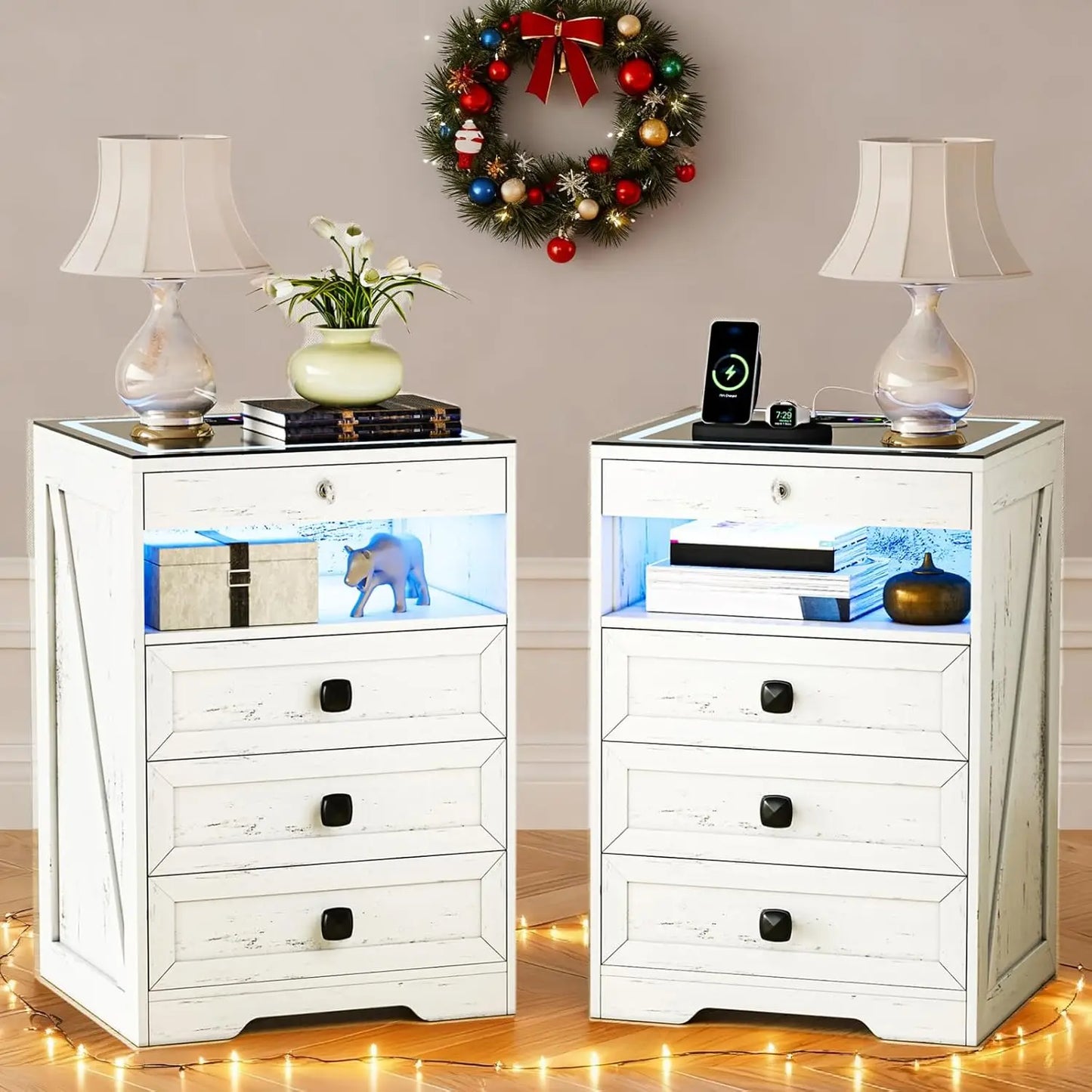 Smart Night Stand with Gun Drawer,Glass Top Nightstand with Charging Sation,LED Bedside Table with 3 Color, Customized