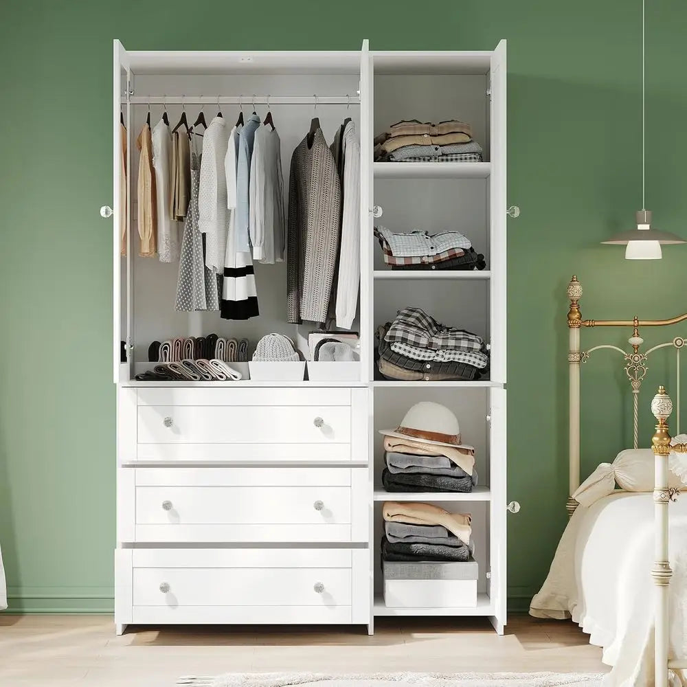 Armoire Wardrobe Closet with Ders and Mirror, 71" Clothing Storage Cabinet with Hanging Rod, 4 DoWooden Wardrobe Cabinet or Bedr