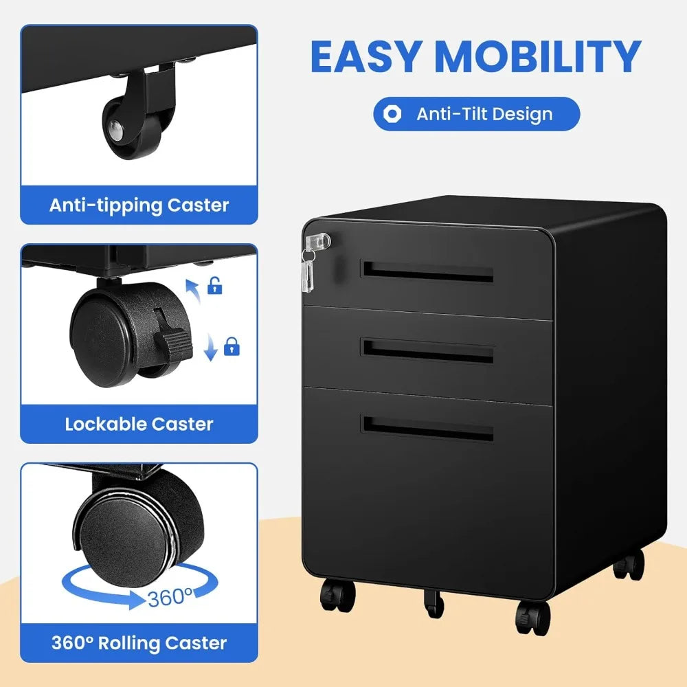 Mobile Filing Cabinet 3 Drawer, Rolling Small File Cabinet with Keys Under Desk, Compact Office Organizer w/Lockable Drawers & A