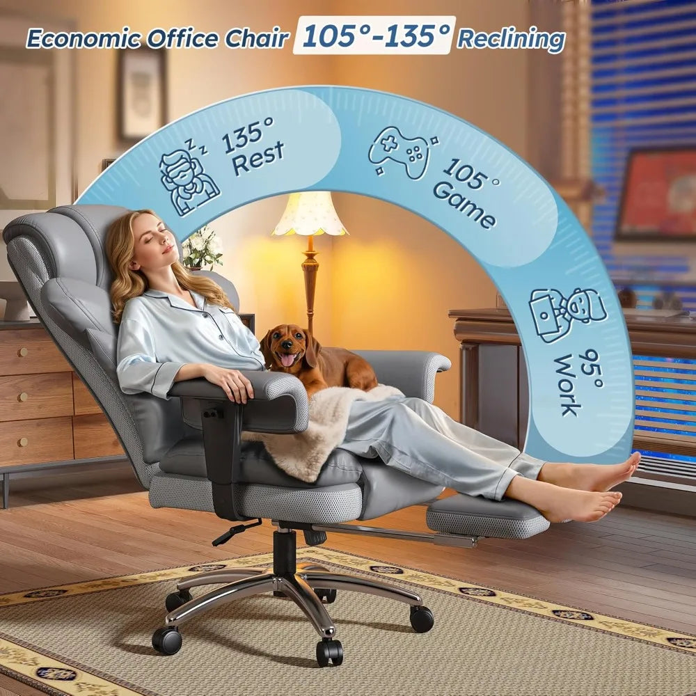 Big and Tall Office Chair - High Back Leather Executive Office Chair with Foot Rest & Lumbar Support, Ergonomic Reclining Gaming