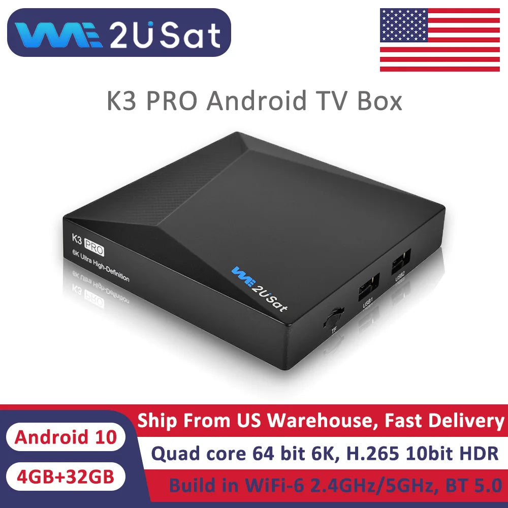 We2uSat K3 Pro 6K HDR Android 10.0 4GB+32GB TV Box Quad Core 64bit Build in WiFi-6 2.4GHz/5GHz BT 5.0 H.264/ H.265 10bit for US