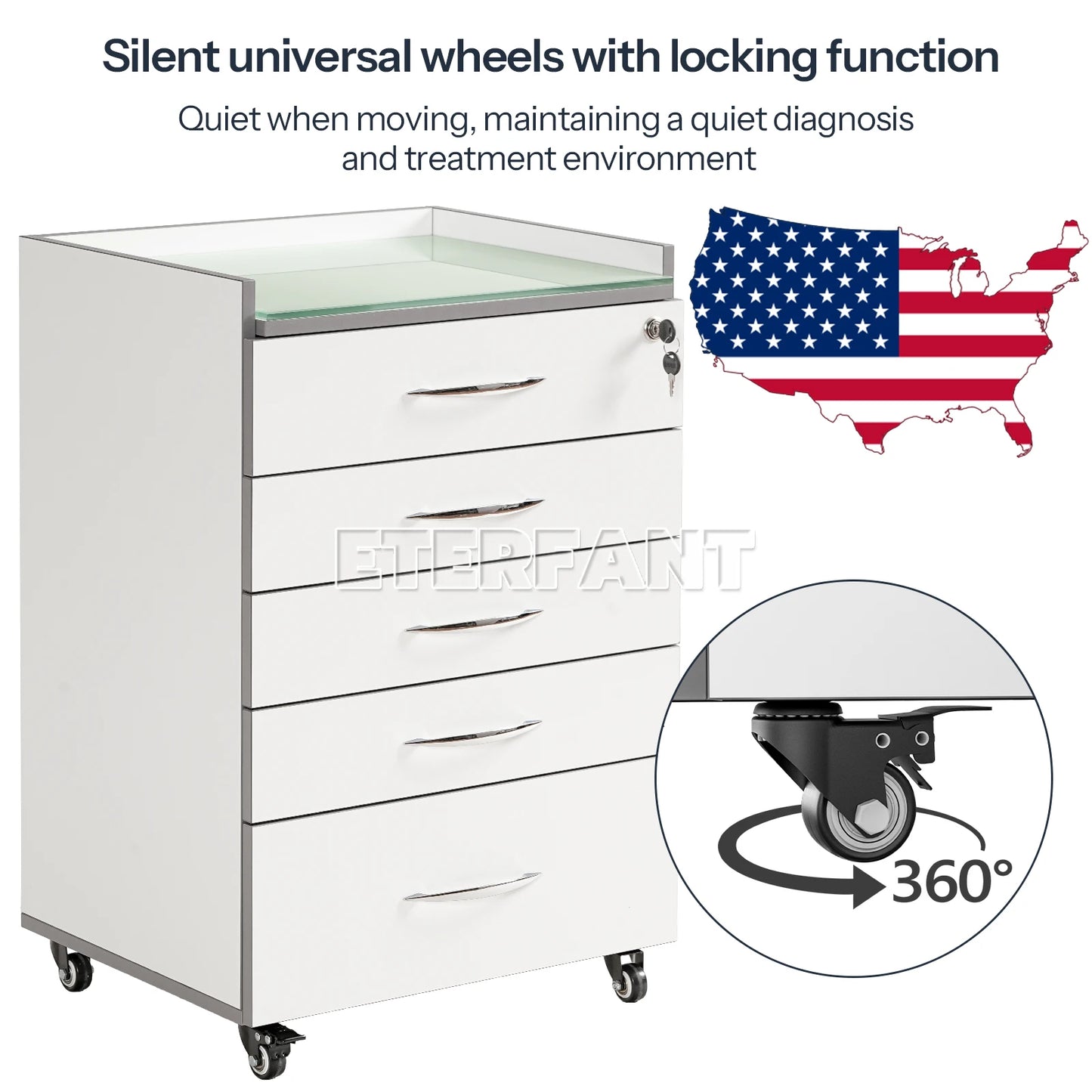 ETERFANT Dental Cabinet Rolling Medical Trolley Mobile Wooden Cart with Socket 5 Drawers Tempered Glass Tabletop Engineered Wood
