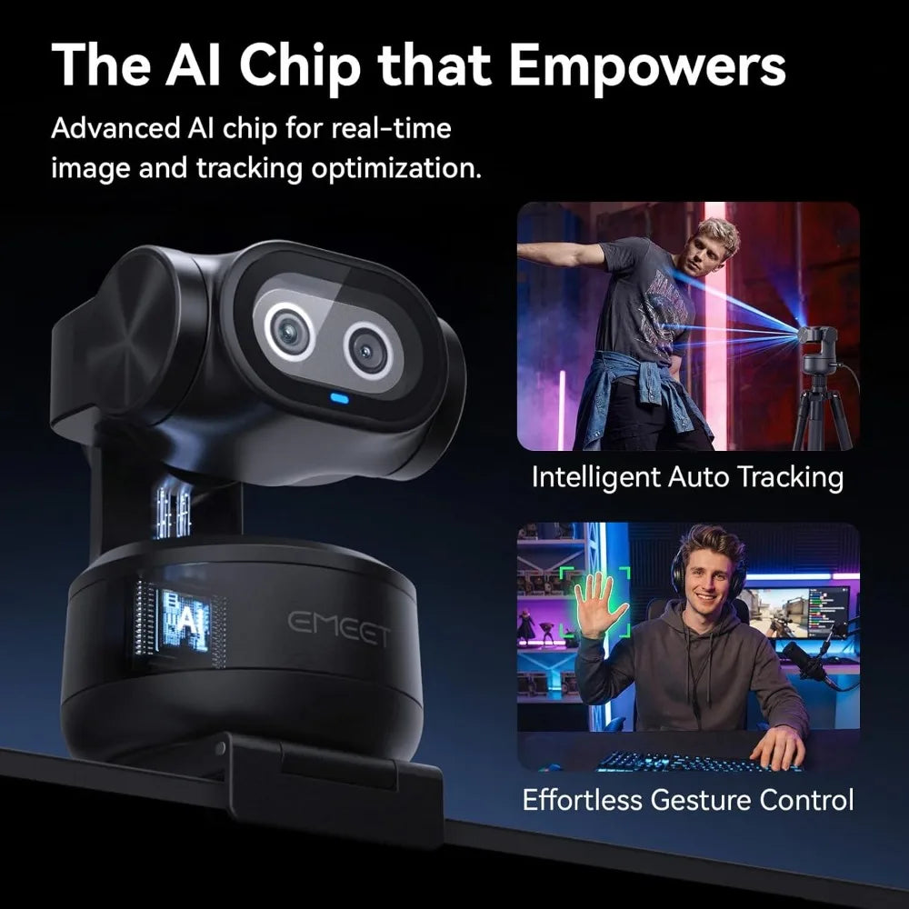 Dual-Camera AI PTZ 2K Webcam with Auto-Tracking, Gesture Control, 3 Mics, 310° Pan, for Streaming
