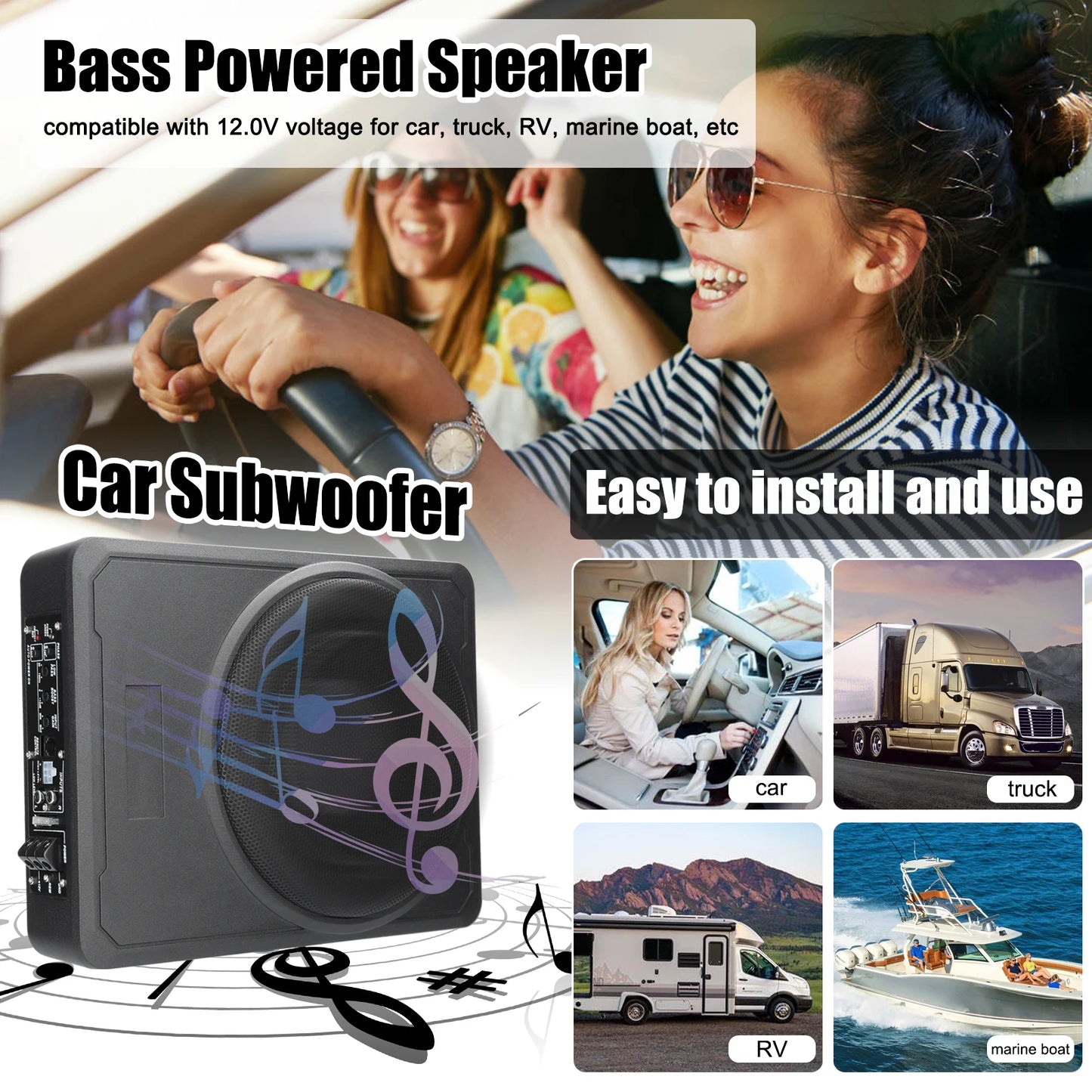 800W Car Bass Box Audio Underseat Active Amplified Subwoofer Bass Slim Amplifier Bass High Power Speaker for 12V Car Truck Boat