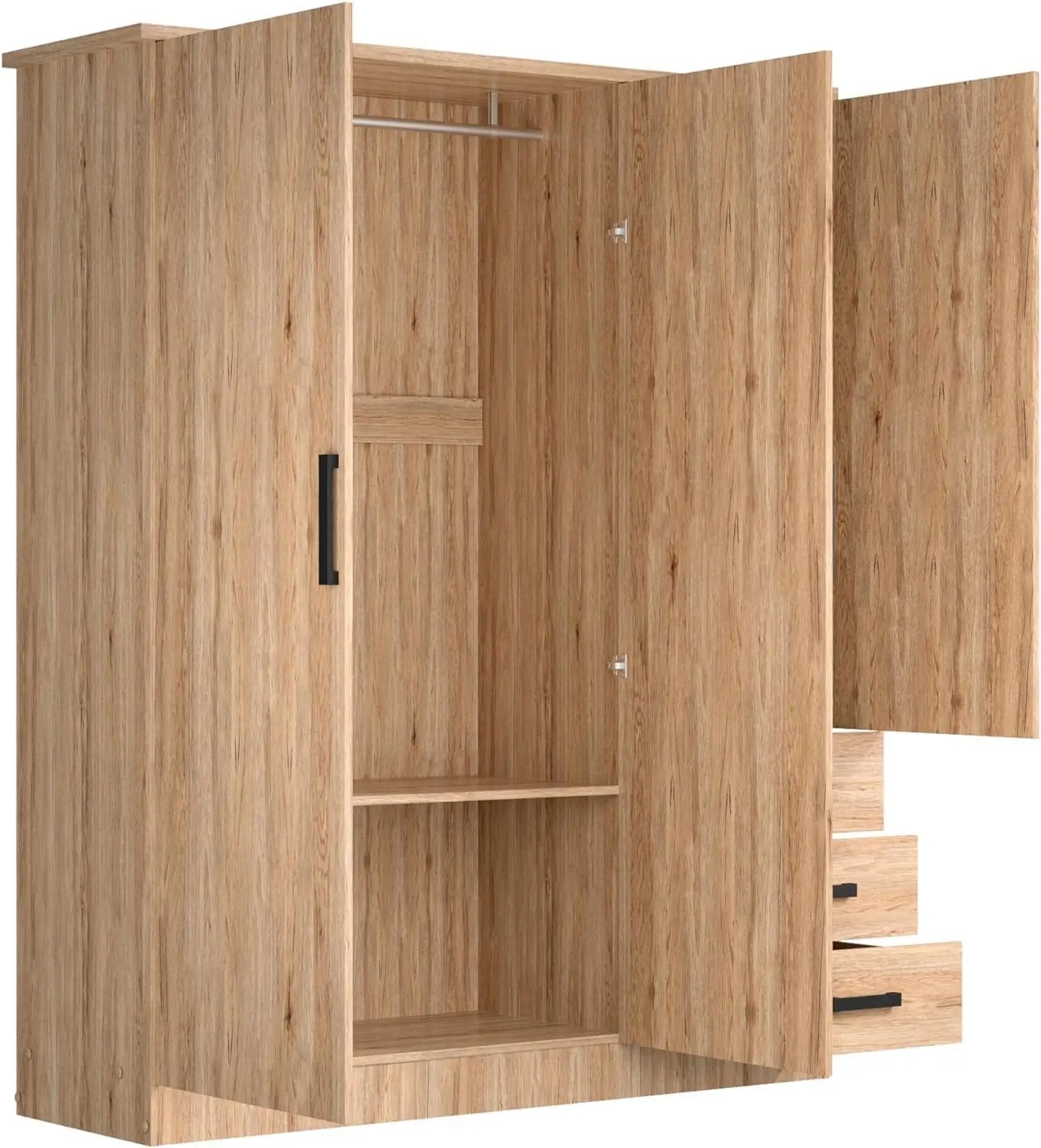 3 Door Wardrobe Closet With Mirror & Drawers Natural Oak Finish, Customized