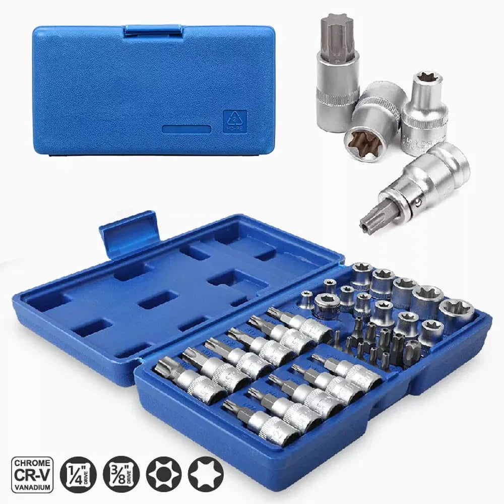 34Pcs Torx Star Sockets & Bit Set Male / Female E- Security Bits Drive Handheld Tool Torque Star Socket with Blue Case