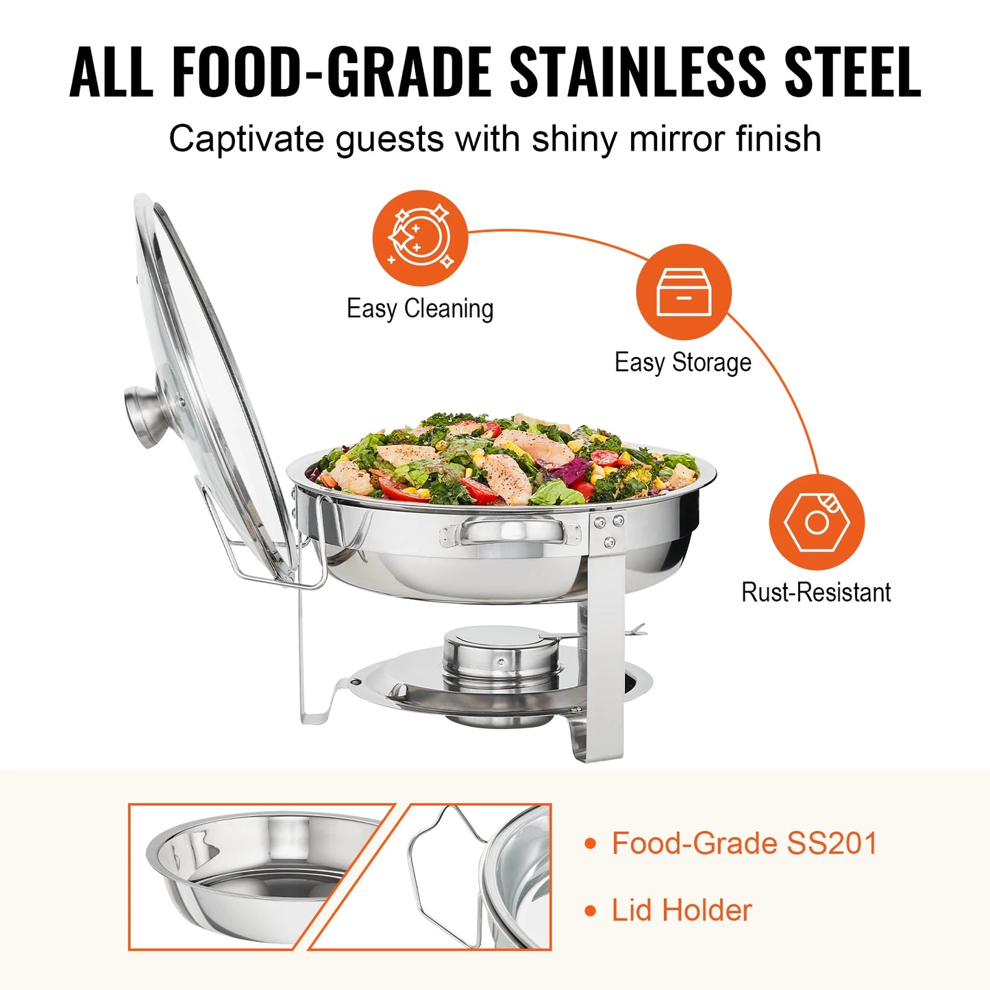 SucceBuy 4QT 2-Pack Round Chafing Dish Set Stainless Steel Buffet Chafer w/Full Size Pan Glass Lid  Fuel Holder Catering Warmer
